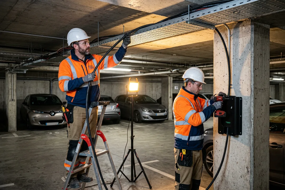 Équipe de techniciens intervenant pour l'installation d'une borne de recharge collective dans la Guyane Équipe de techniciens intervenant pour l'installation d'une borne de recharge collective dans la Guyane