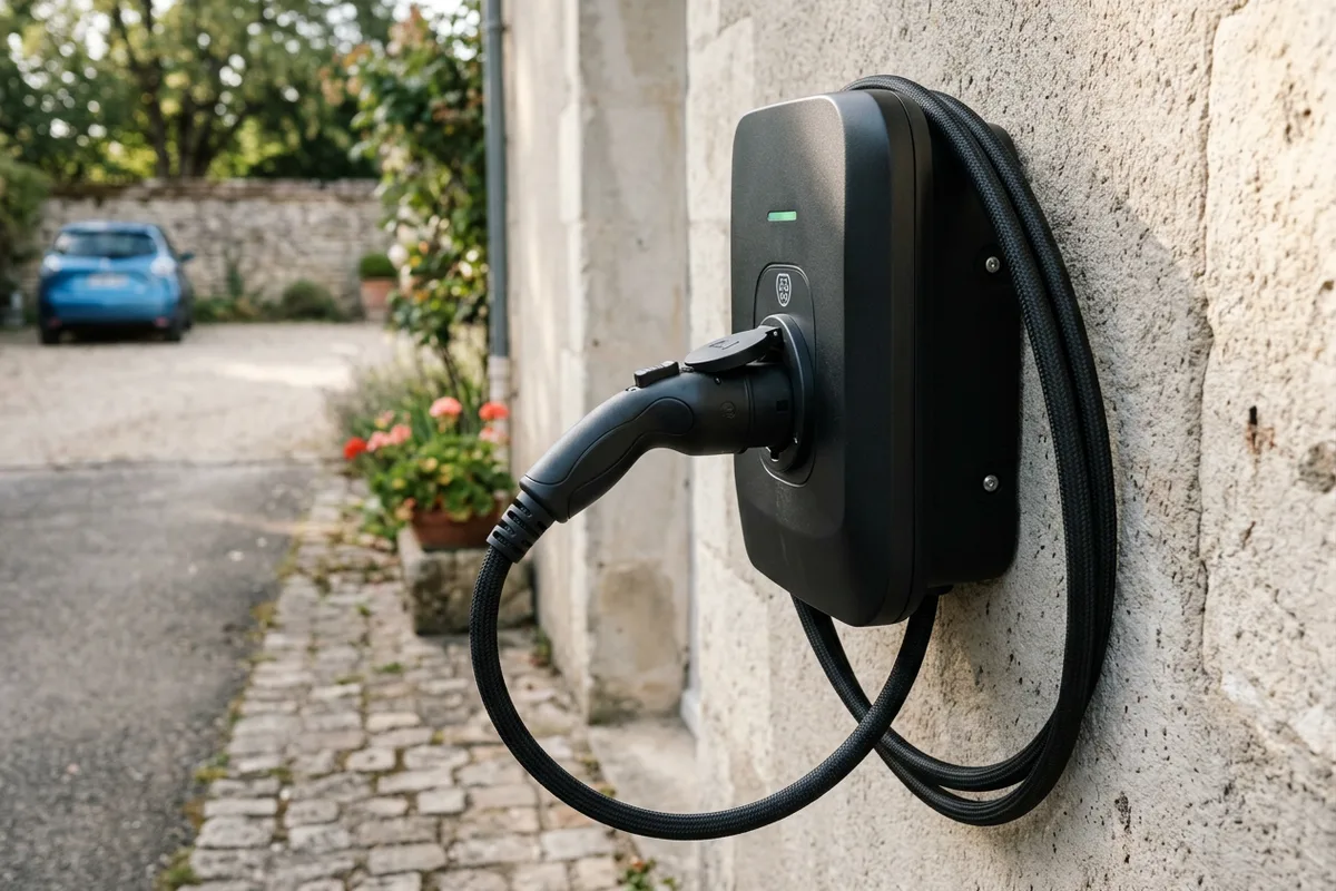 Détail d'une prise wallbox performante posée lors d'une installation borne de recharge aux Gets Détail d'une prise wallbox performante posée lors d'une installation borne de recharge aux Gets