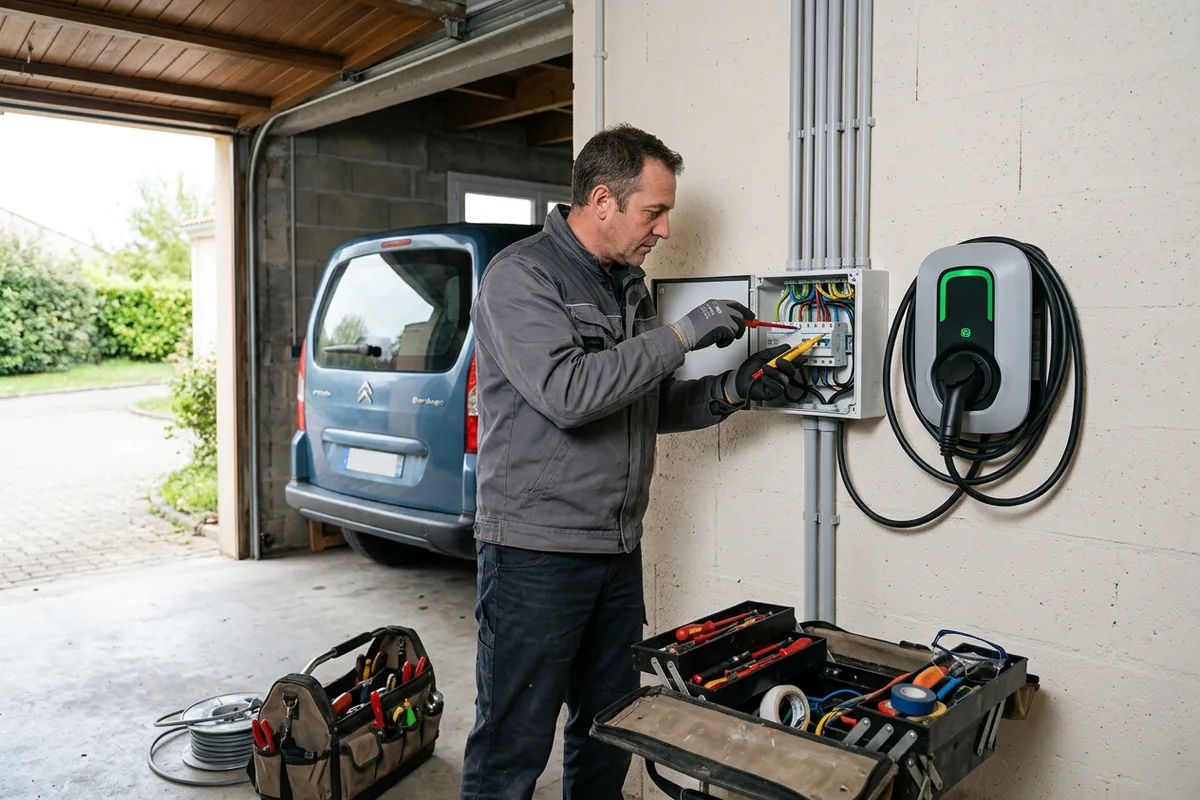 Chantier d'installation borne de recharge pour véhicule électrique dans un garage à Vinça Chantier d'installation borne de recharge pour véhicule électrique dans un garage à Vinça