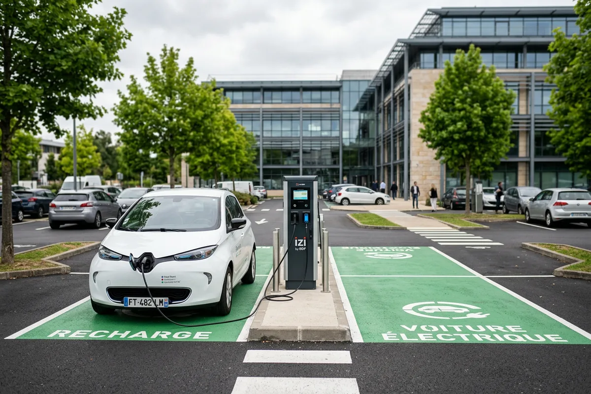 Borne de recharge pour flotte professionnelle installée sur un parking d'entreprise à Vitré